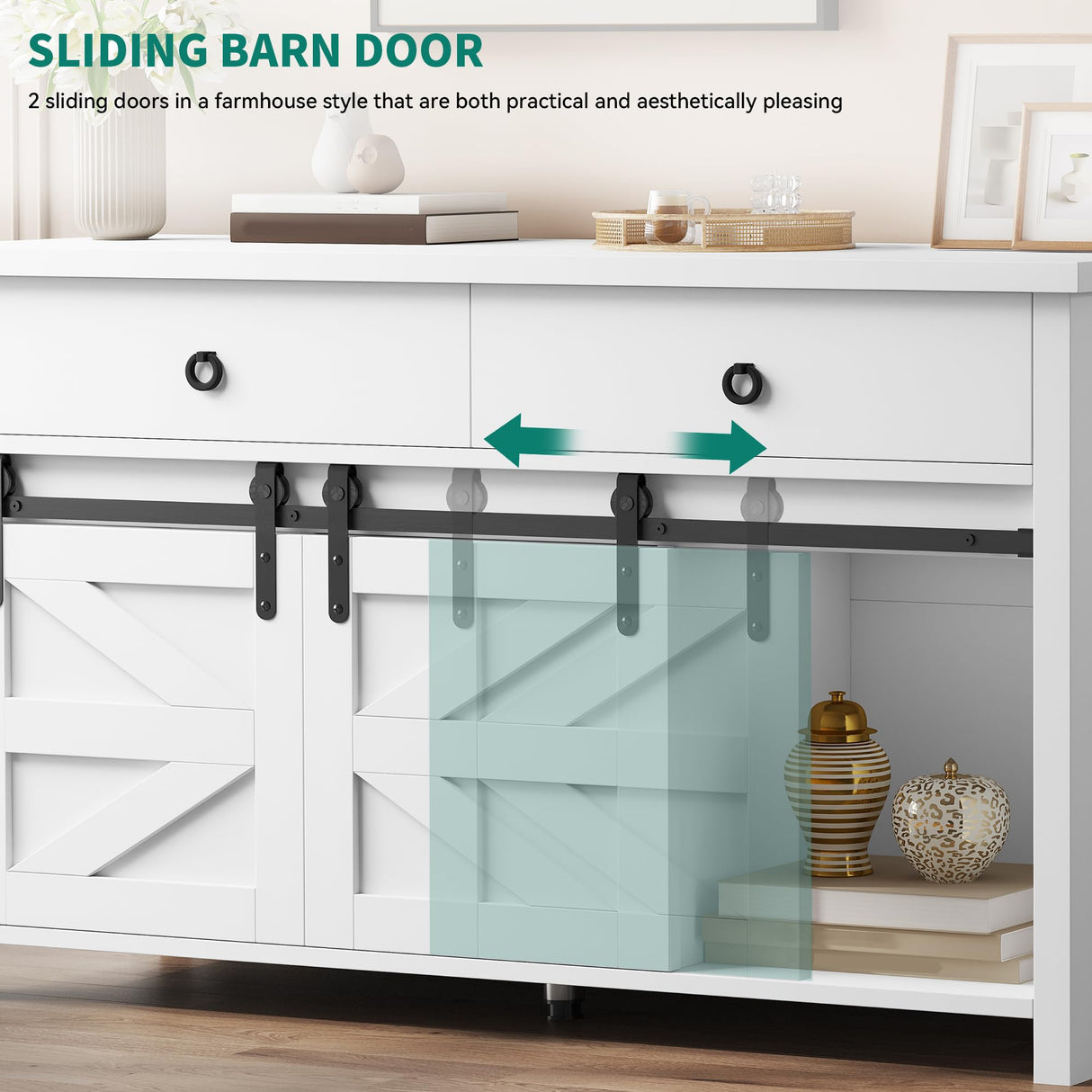 YITAHOME 54" Farmhouse Dresser for Bedroom, Large Modern Chest of Drawers, Wood Rustic Dresser TV Stand with 5 Drawers & 2 Sliding Barn Doors for Living Dining Room, Entryway, Hallway, White YITAHOME