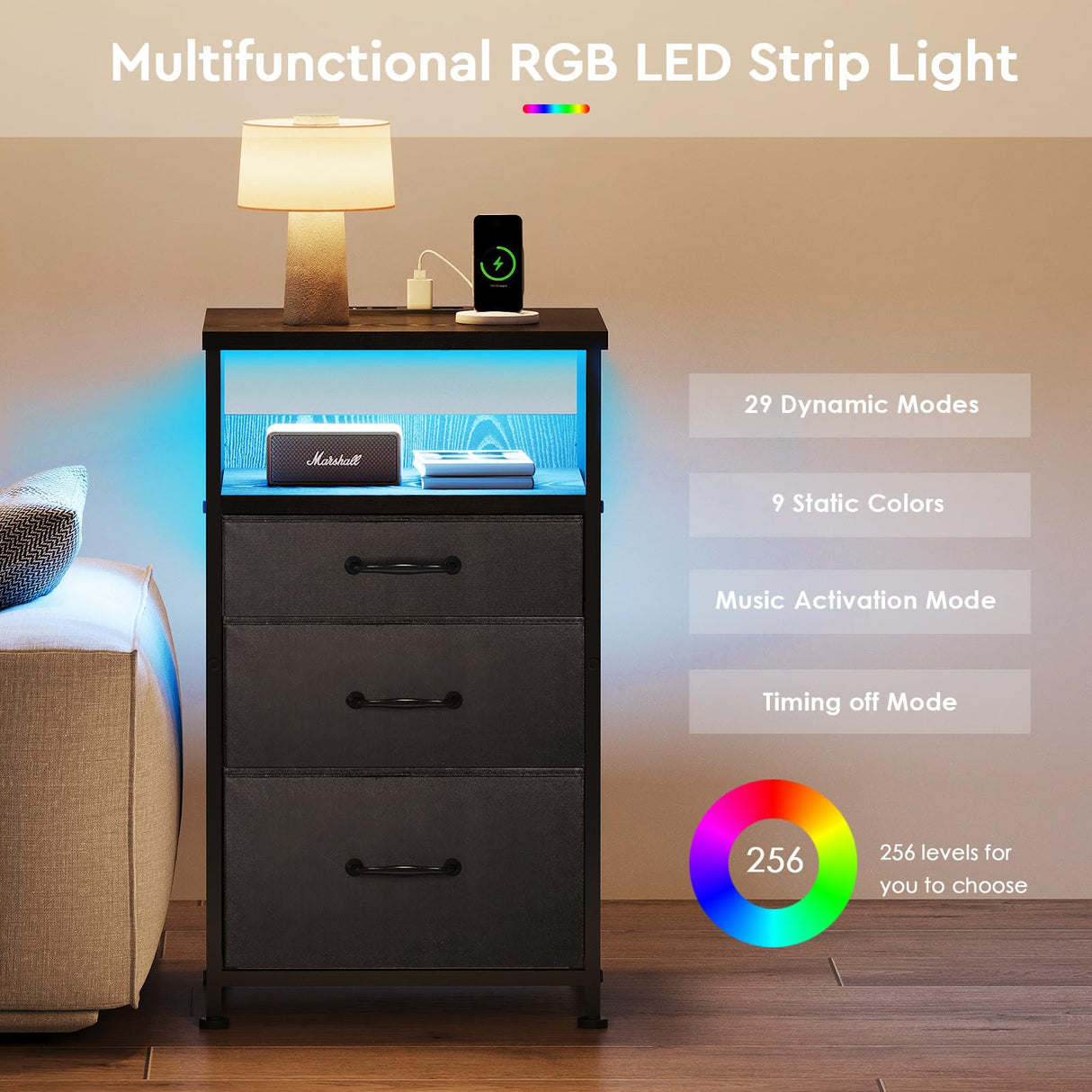 YeTom Nightstand with Charging Station Set of 2, LED Night Stand with 3 Fabric Drawers, Side Table with Open Shelf, End Table with Steel Frame, 3 Drawer Dresser for Bedroom, Black YeTom