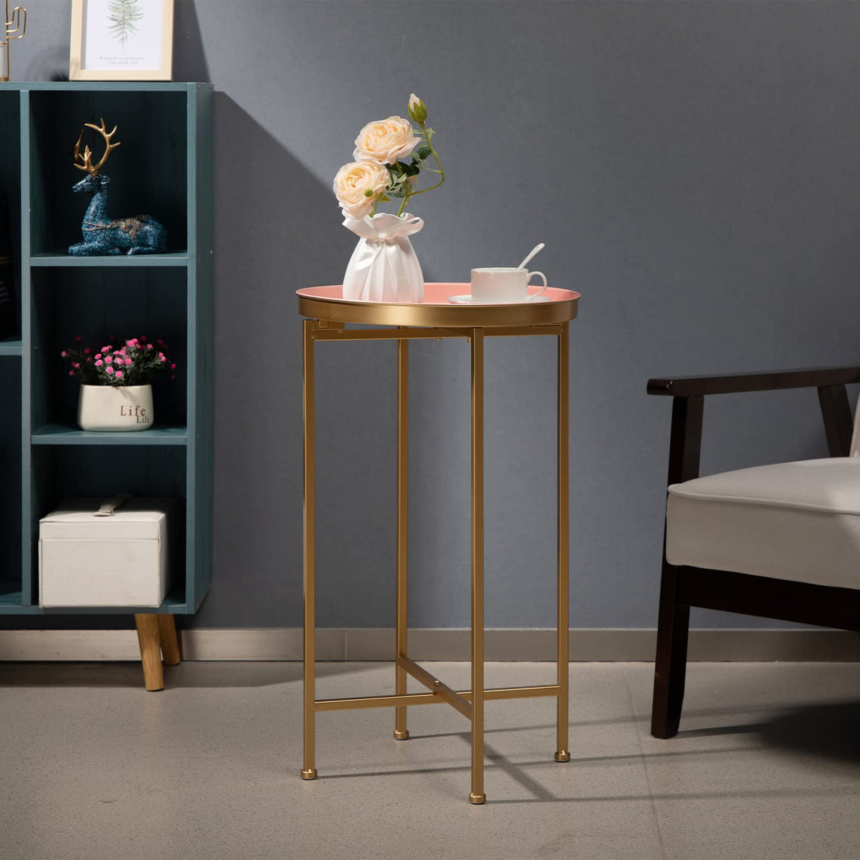 HollyHOME Small Round Metal End Table, Accent Indoor&Outdoor Coffee Side Table, Snack Sofa Table for Living Room, Anti-Rust Decorative Plant Stand, (D) 14.5" x(H) 25", Gold&Pink HollyHOME