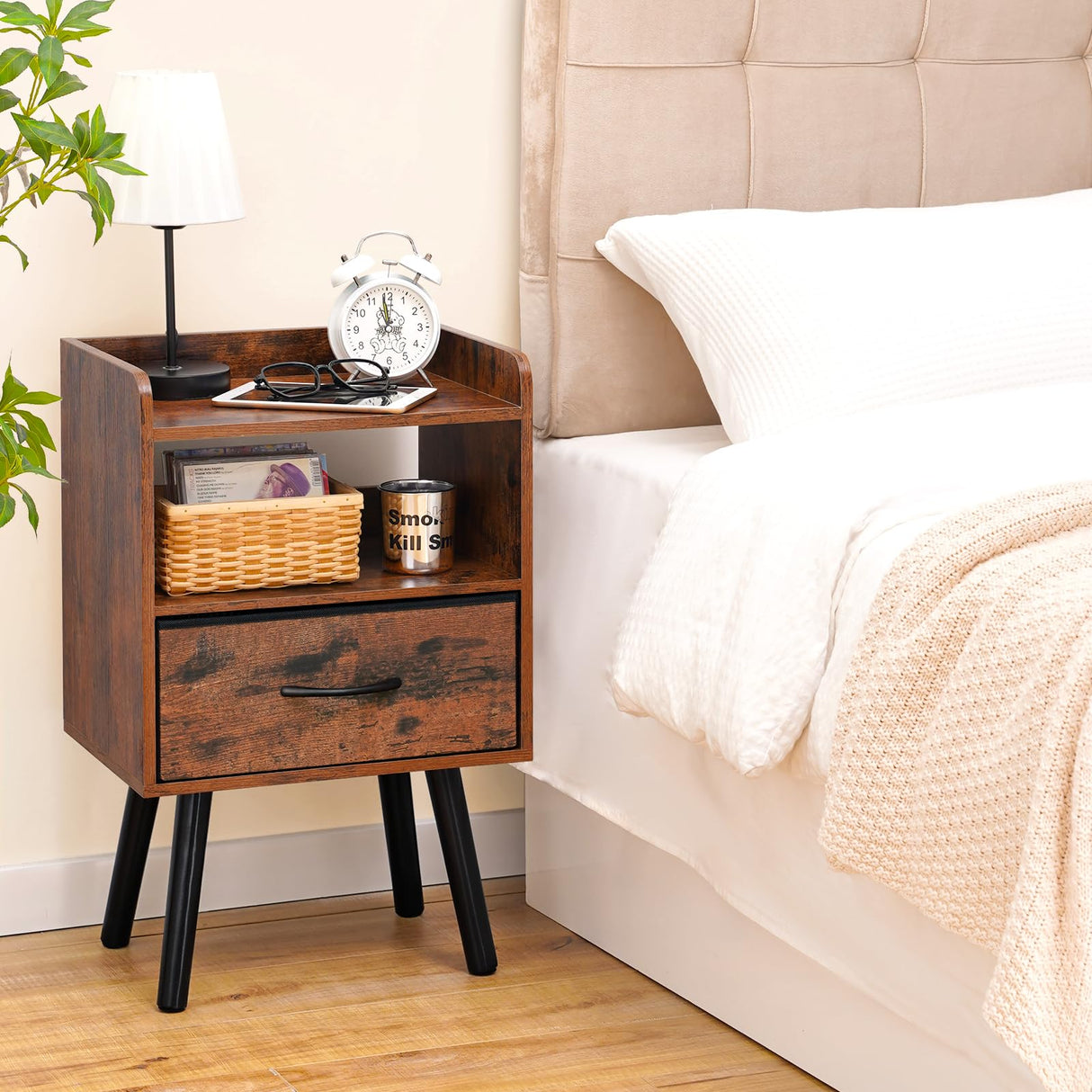 Yoobure Night Stand with Fabric Drawer, Modern Nightstand, Bedside Tables, Mid Century Nightstands with Open Storage Shelf, Wood Bedside Table, Small Night Stands for Bedrooms, 2-Tier Night Table Yoobure