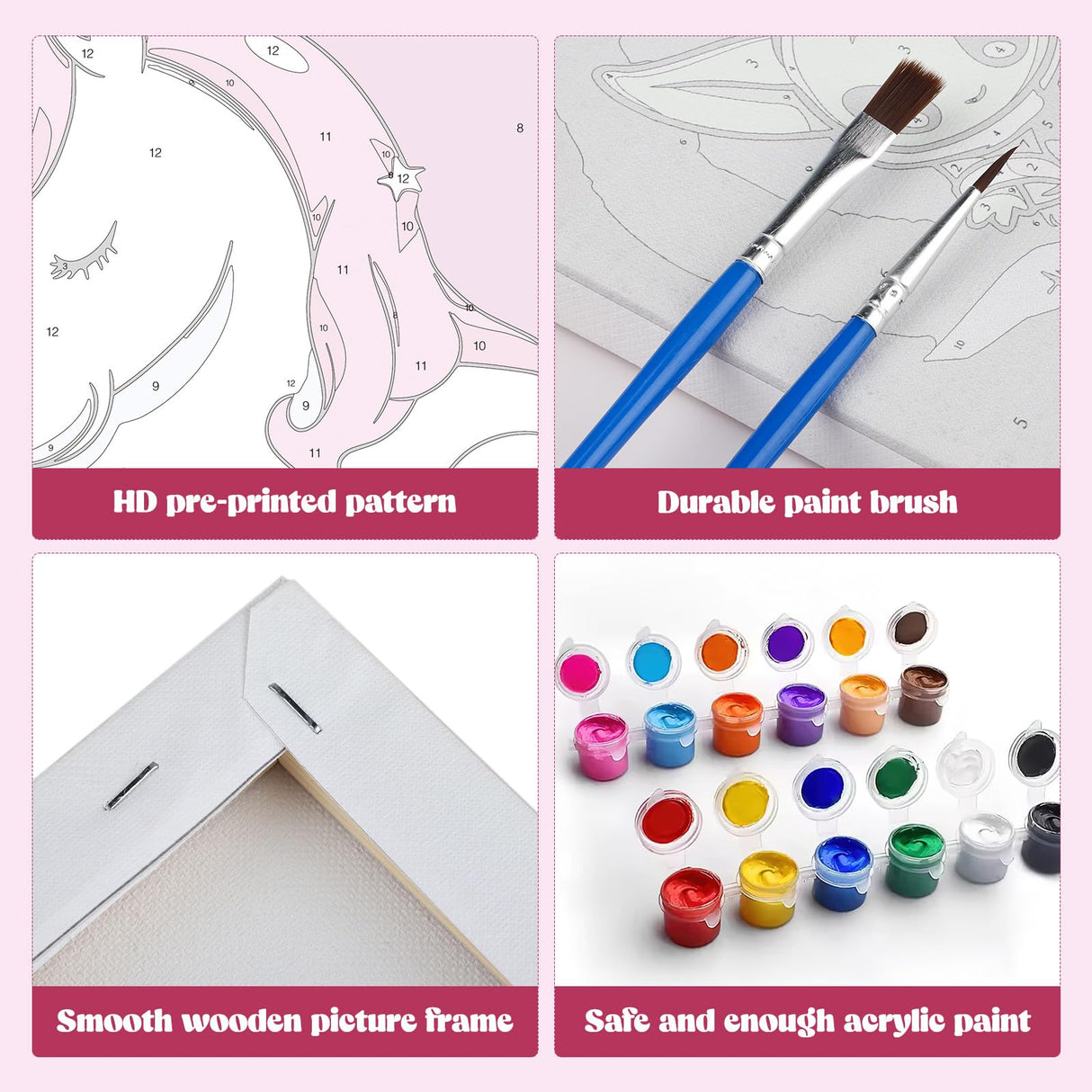 MXJSUA 4 Pack Cartoon Unicorn Paint by Numbers Kit with Framed Canvas for Kids, Rainbow Unicorn by Number Painting Kits for Ages 6-12 Kids, Acrylic Oil Paint by Number Kits for Beginners 8x8 Inch MXJSUA