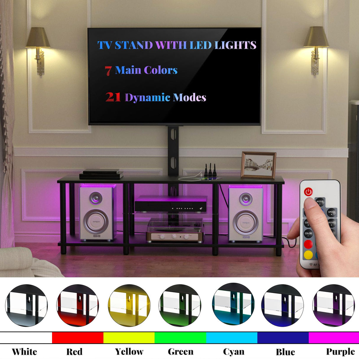 TV Stand with Mount and Led Light,Black TV Stand with Power Outlets for 32/40/43/50/55/60/65/70 Inch TV,Entertainment Center with Open Storage Shelf for Bedroom/Living Room/Office Lazyvan