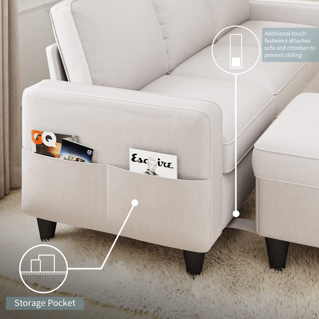 Lonkwa Convertible Sectional Sofa Couch L-Shaped Couch with Storage Ottoman, Beige Couches for Living Room, 3-Seat Sectional Sofas for Living Room/Bedroom/Office/Small Space Lonkwa