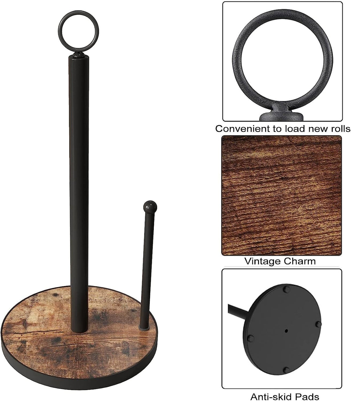 OROPY Paper Towel Holder Countertop with Heavy Duty Wood Base, Farmhouse Paper Towel Roll Stand for Kitchen Counter fits Standard and Jumbo Size Paper Towels (Brown - Easy to Tear) OROPY