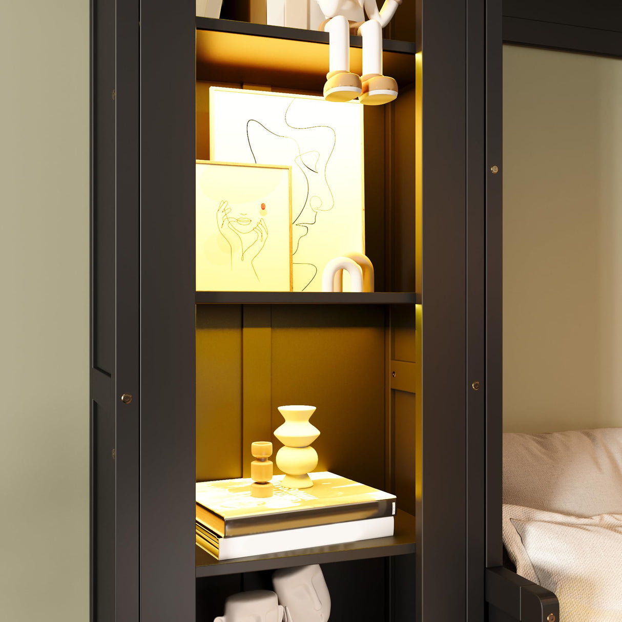 LUMISOL Queen Size Murphy Bed, Murphy Bed Cabinet with Storage Shelves, Cabinets, Drawers and LED Lights, Folding Wall Bed Frame for Guestroom, Apartment, Small Space, Black LUMISOL