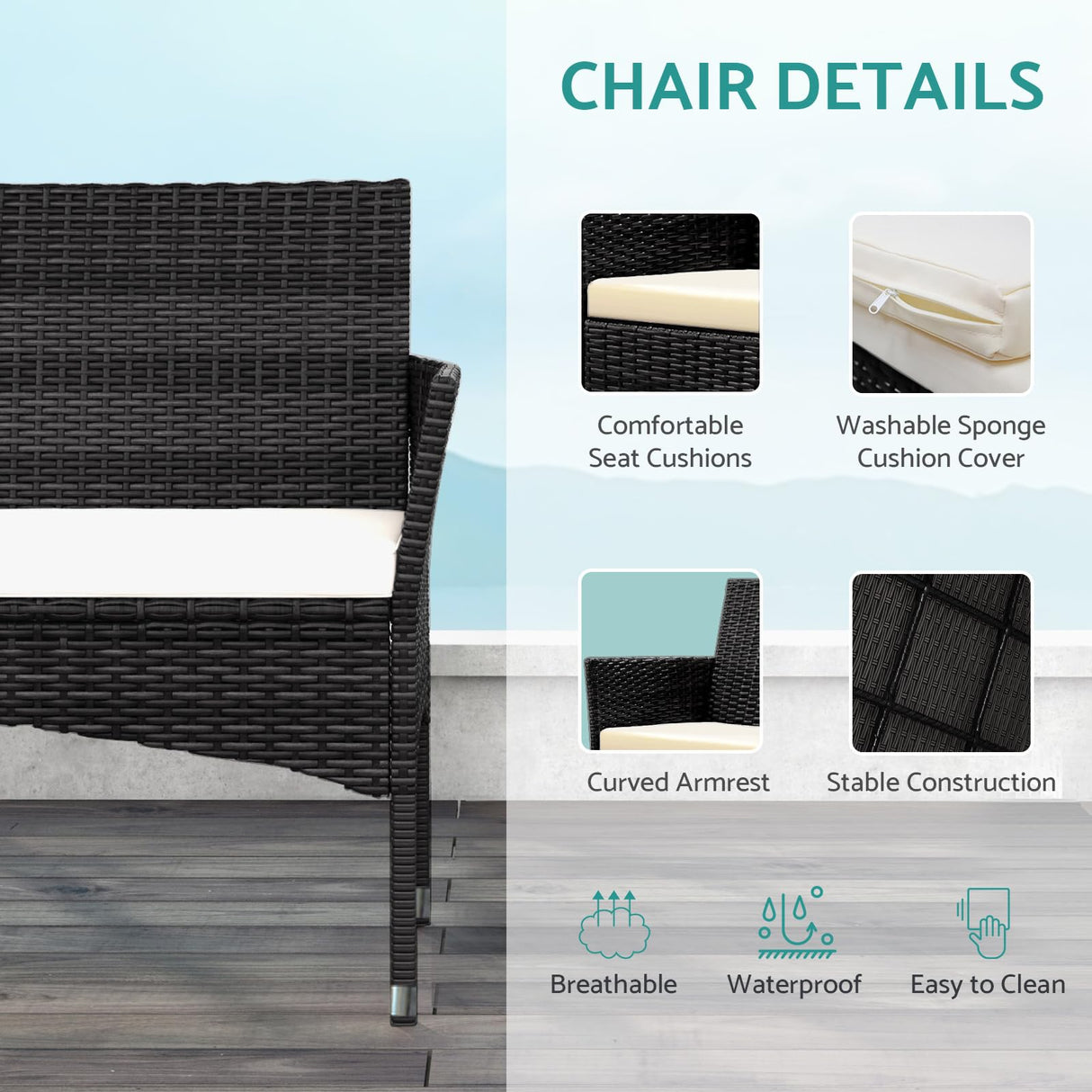 TINKLE WELL Patio Furniture, 4 Piece Conversation Set, Outdoor Wicker Rattan Table and Chairs, Sectional Sofa with Thick Cushion for Garden, Yard, or Porch, Dark Black TINKLE WELL