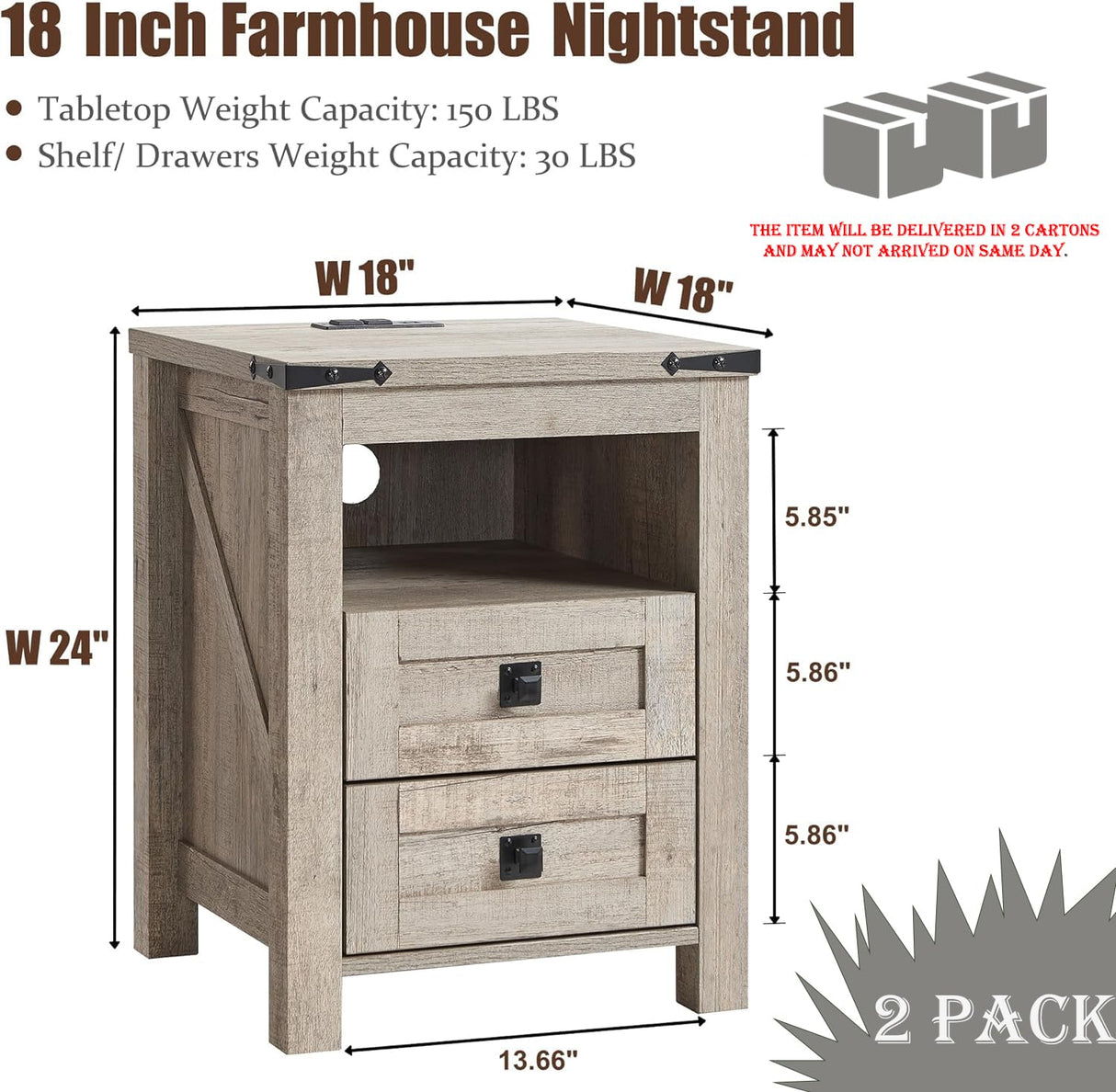 T4TREAM Farmhouse Nightstand Set of 2 with Charging Station, Rustic End Table with 2 Drawers, Storage Open Shelf for Bedroom, Living Room, Wood Side Table, Light Rustic Oak T4TREAM