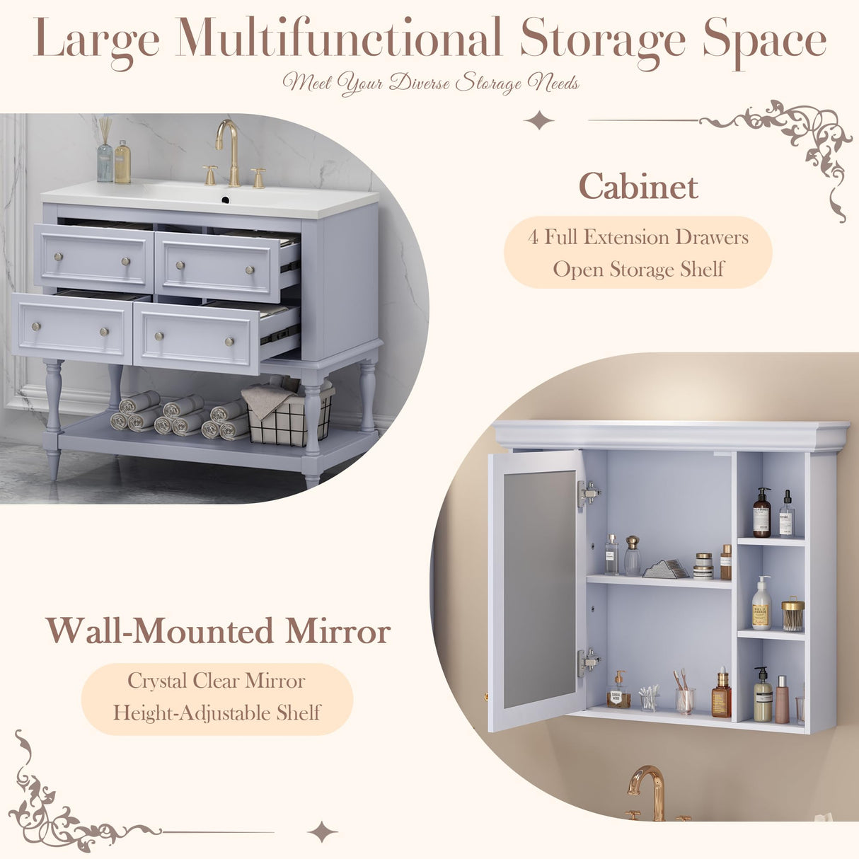 Merax Country 36" Bathroom Vanity with Matching Medicine Cabinet, Farmhouse Bathroom Vanity with Sink Storage Cabinet with 4 Drawers and Open Shelf, Solid Wood Frame Bath Storage Vanity Merax