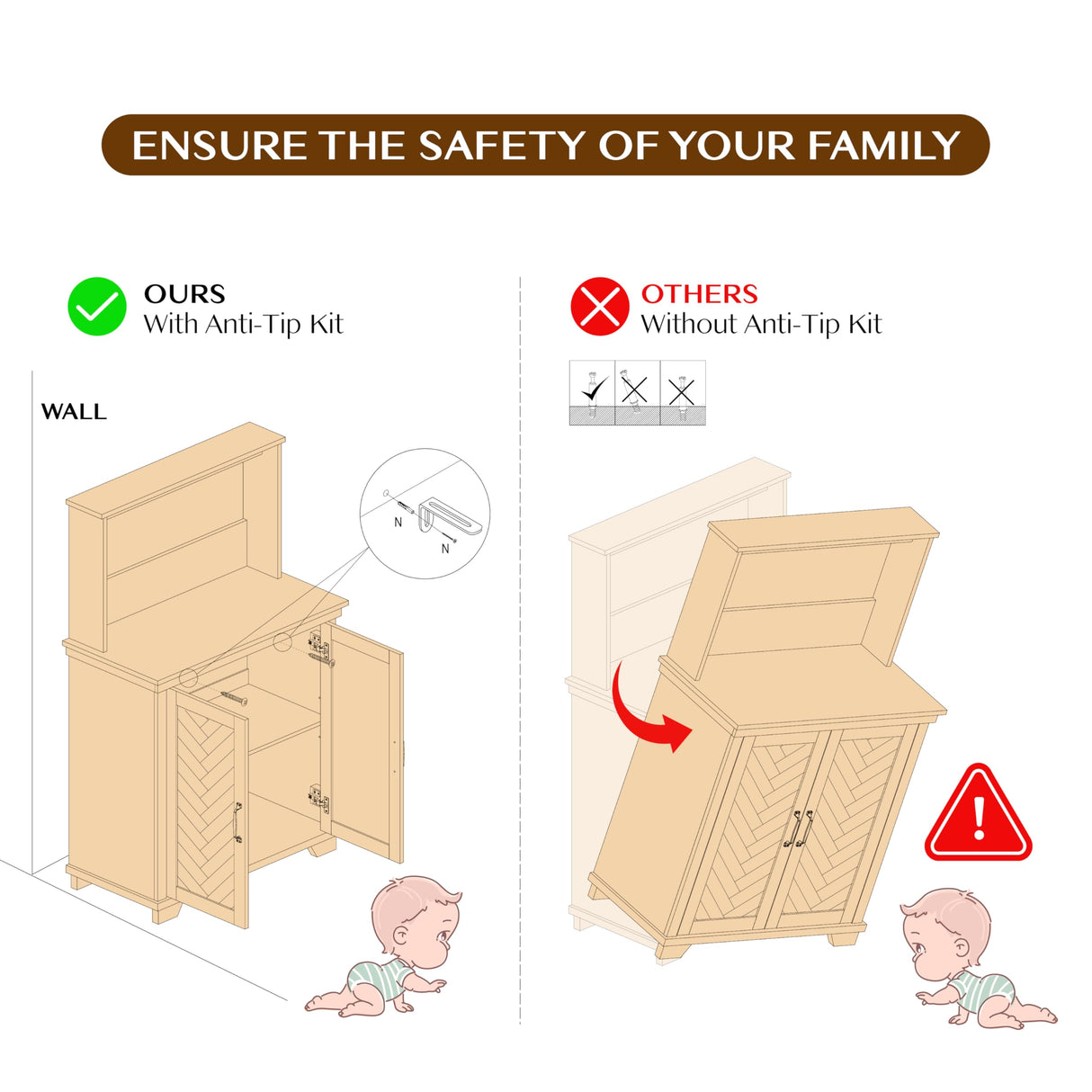 JOINICE Farmhouse Coffee Bar Cabinet with Storage,31.5" Kitchen Cabinet with Hooks and Charging Station,Coffee Station with Adjustable Shelf and Hutch,Sideboard for Living Dining Room JOINICE