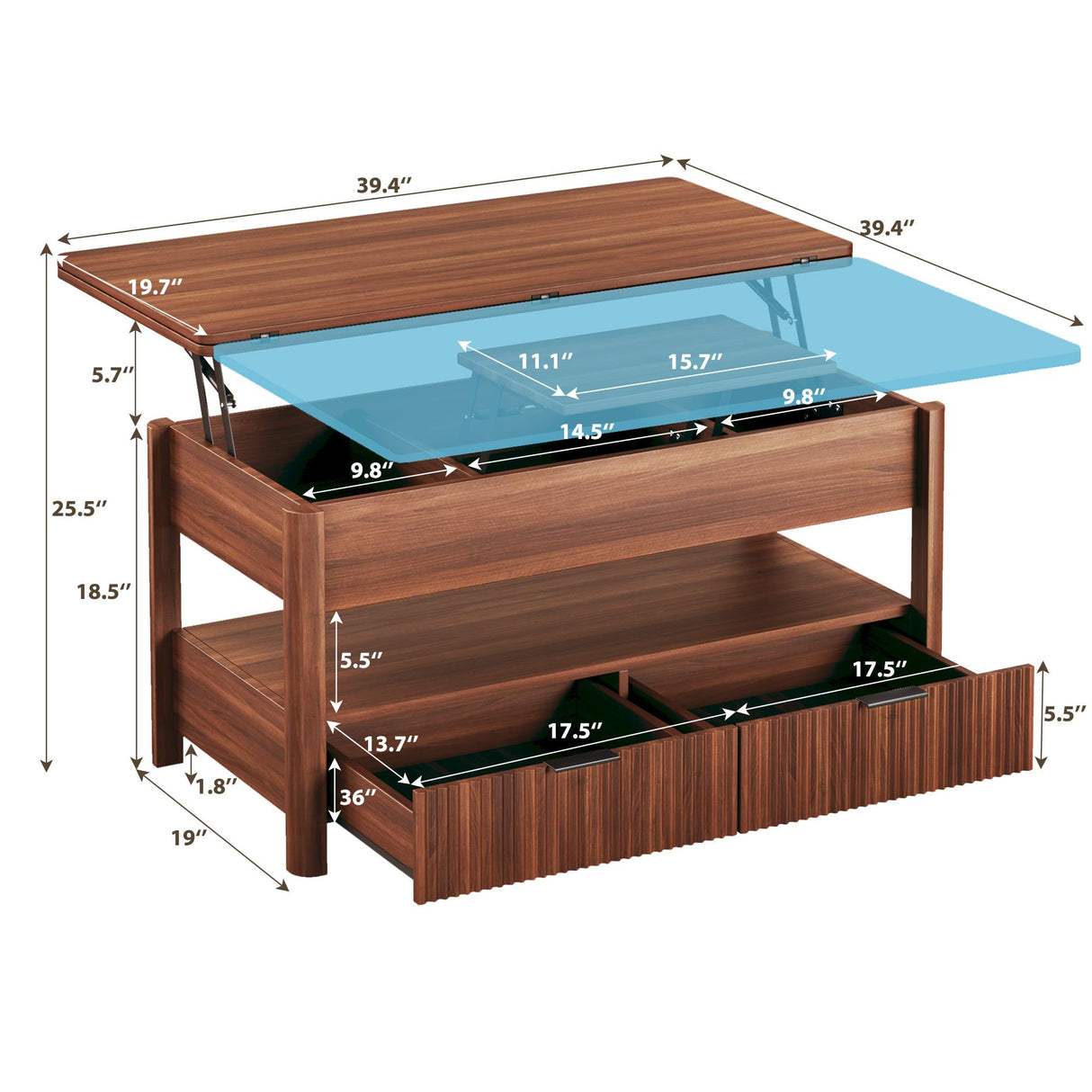 HUAHUU 40" Lift Top Coffee Table, 4 in 1 Square Coffee Table with Storage Shelf & 2 Drawers, Modern Coffee Tables with Lift Tabletop, Converts to Dining Table for Living Room, Home Office, Walnut HUAHUU