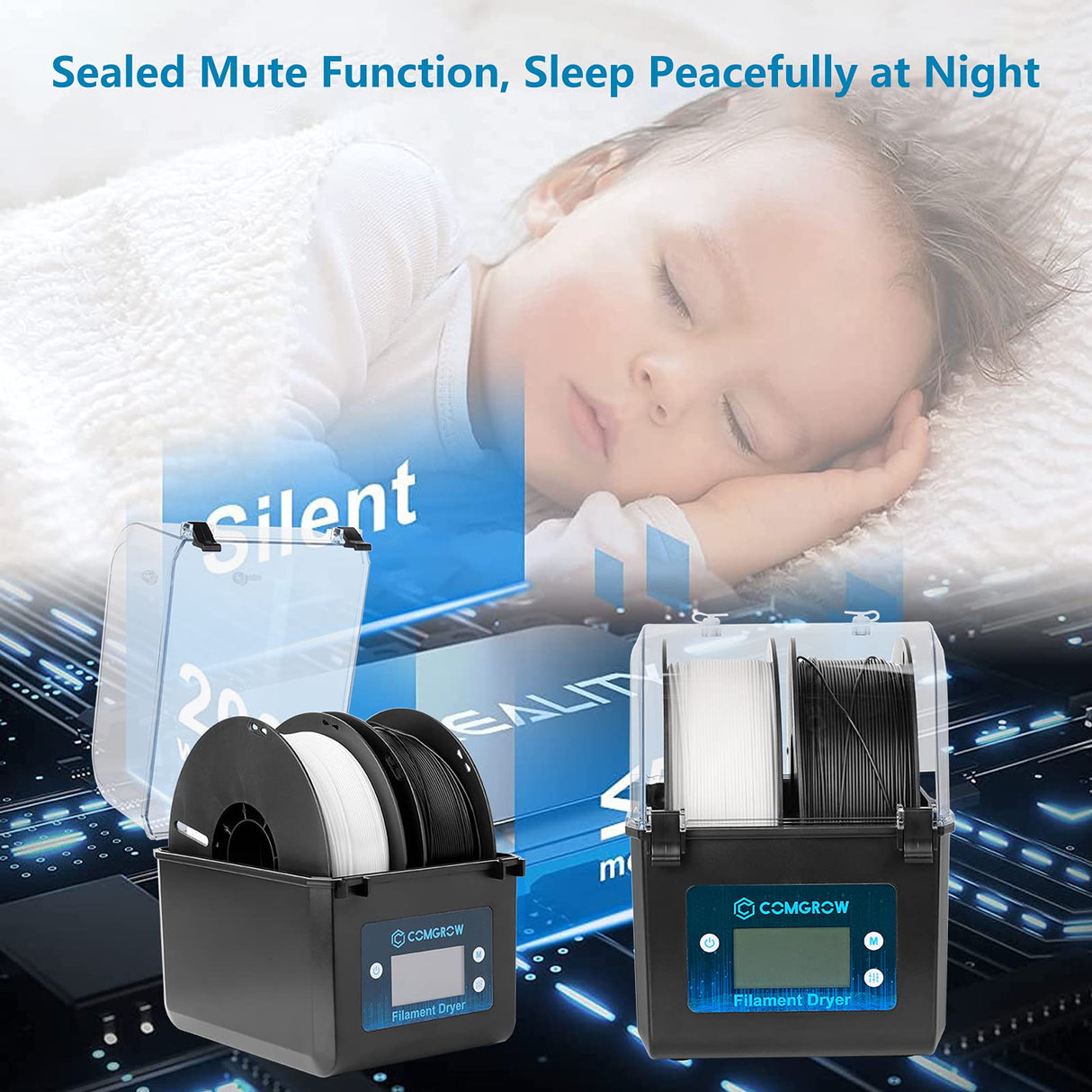 Comgrow 3D Printer Filament Dryer Box, Comgrow 3D Filament Storages, Keeping Filaments Dry During 3D Printing, Compatible with 1.75mm/2.85mm PLA ABS Material, Filament Dehydrator, Spool Holder Comgrow