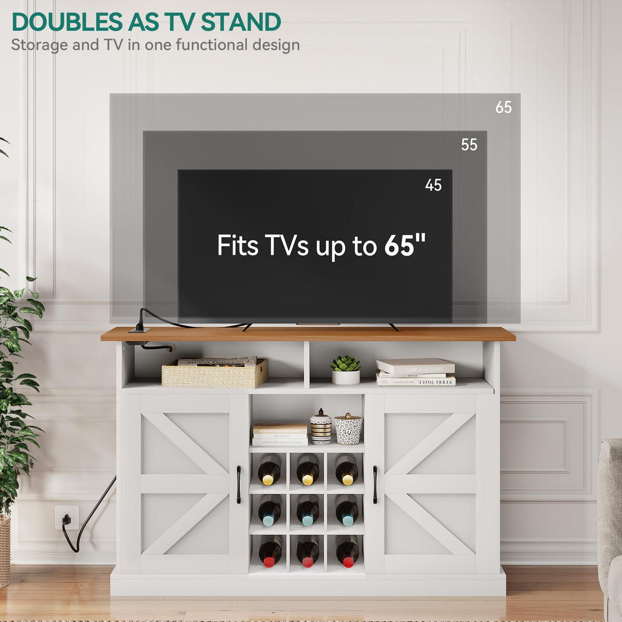 YITAHOME Farmhouse Buffet Cabinet with Storage, 52'' Sideboard with 2 Floating Shelves, Power Outlet, Adjustable Storage Shelves, Coffee Bar Wine Cabinet for Kitchen, White YITAHOME