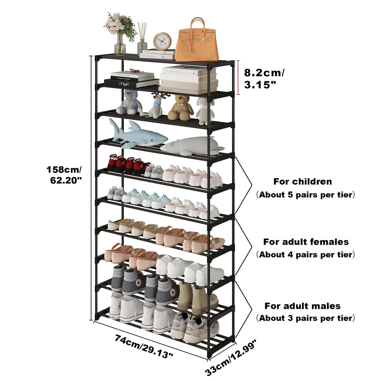 Calmootey 10-Tier Shoe Rack, Tall Large Capacity 50 Pairs Shoes Storage Organizer, Stackable Wide Shoe Shelf for Entryway, Hallway, Black Calmootey