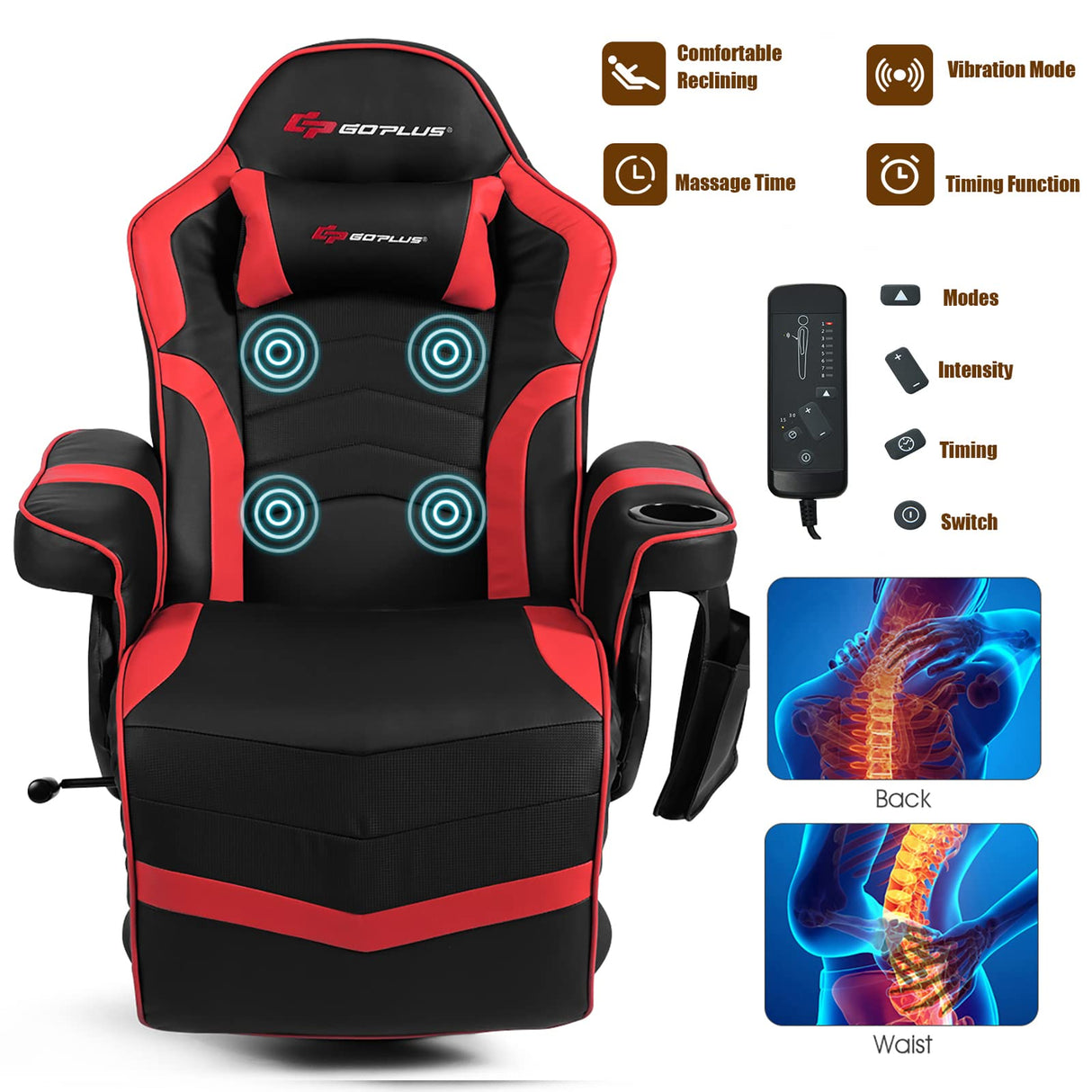 POWERSTONE Gaming Recliner Massage Gaming Chair with Footrest Ergonomic PU Leather Single Sofa with Cup Holder Headrest and Side Pouch, Adjustable Living Room Chair Seating, Red POWERSTONE