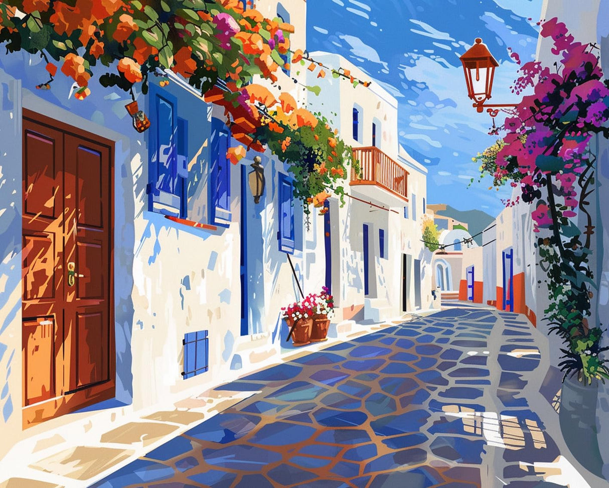 Aihonmin Coastal Cityscape Paint by Numbers Kits for Adult Beginners,Greece Town Paint by Numbers Street Flowers Painting Kits on Canvas with Brushes and Acrylic Pigment Without Framed 16''W x 20''H Aihonmin