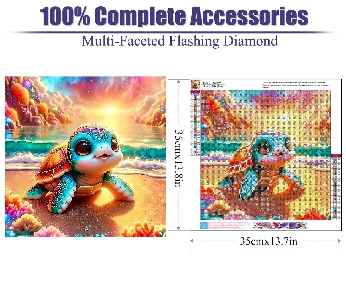 AOSGEDY Adorable Sea Turtle Beach Diamond Painting Kits for Adults, 5D Seaside Sunset/Flowers Diamond Art Kits for Beginners, DIY Full Drill Paint with Diamond, Home Wall Decor 14 x 14 Inch AOSGEDY