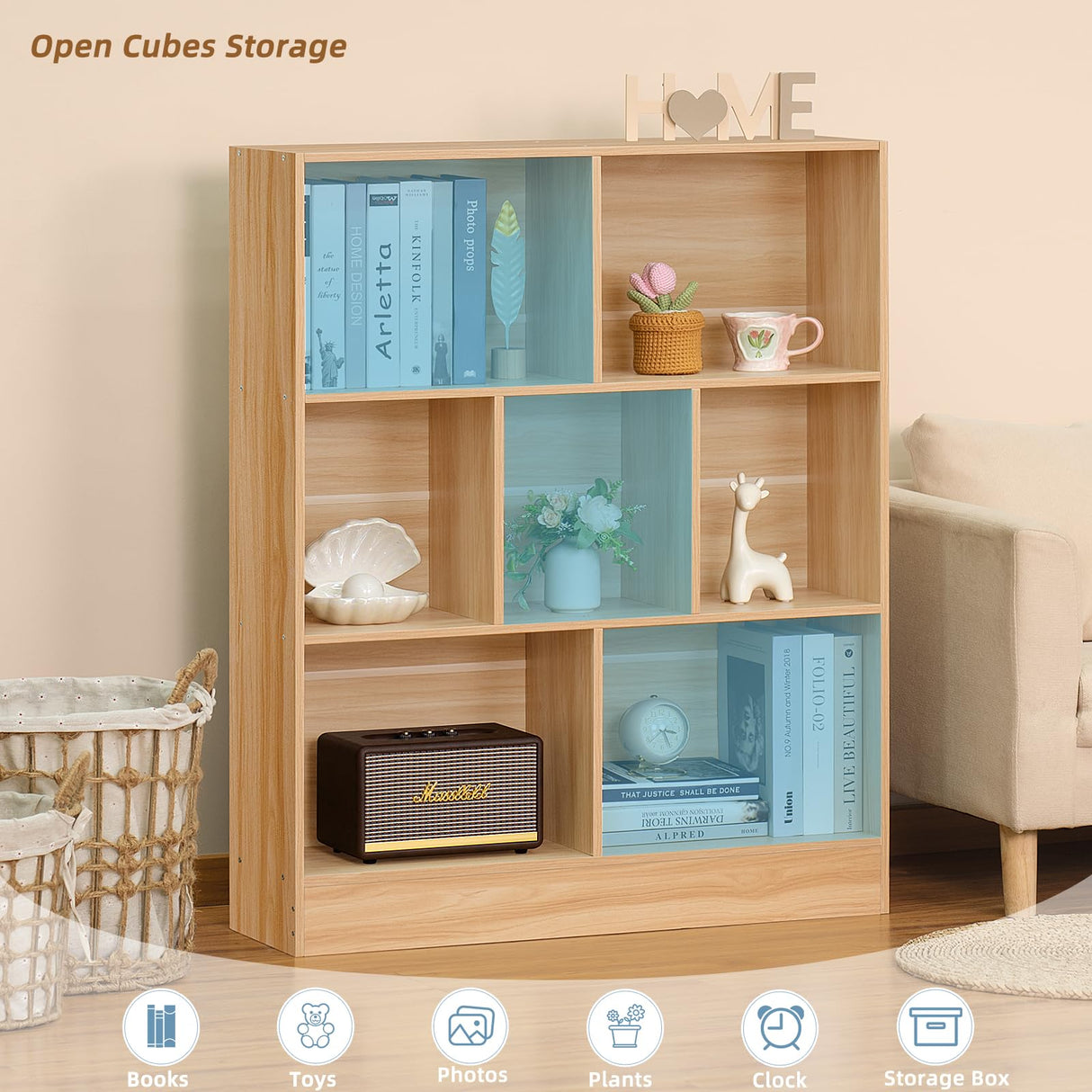 LEYAOYAO 7 Cube Bookshelf with Base,3 Tier Mid-Century Modern Natural Bookcase,Standing Wide Bookshelves Storage Organizer Shelf,Rustic Wood Display Cabinet Book Shelves for Bedroom,Living Room,Office LEYAOYAO