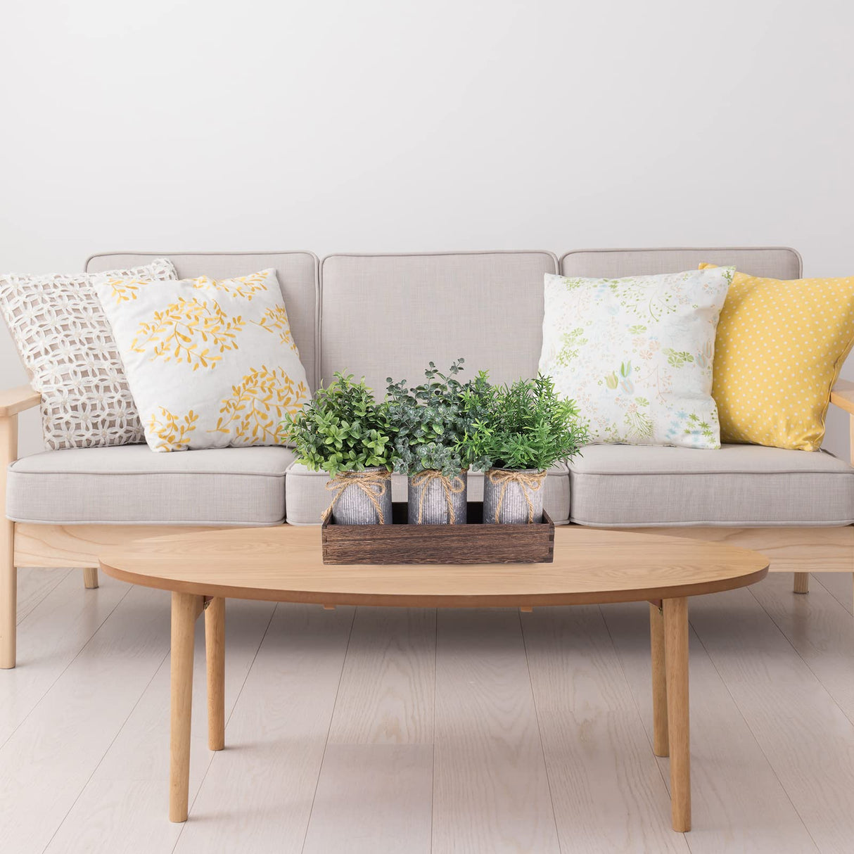 Set of 3 Mini Potted Plants Arrangement Faux Boxwood Eucalyptus Rosemary Plants in Rustic Galvanized Metal Pots with Rectangle Wood Box for Farmhouse Table Centerpiece Mantel Kitchen Greenery Decor Winlyn