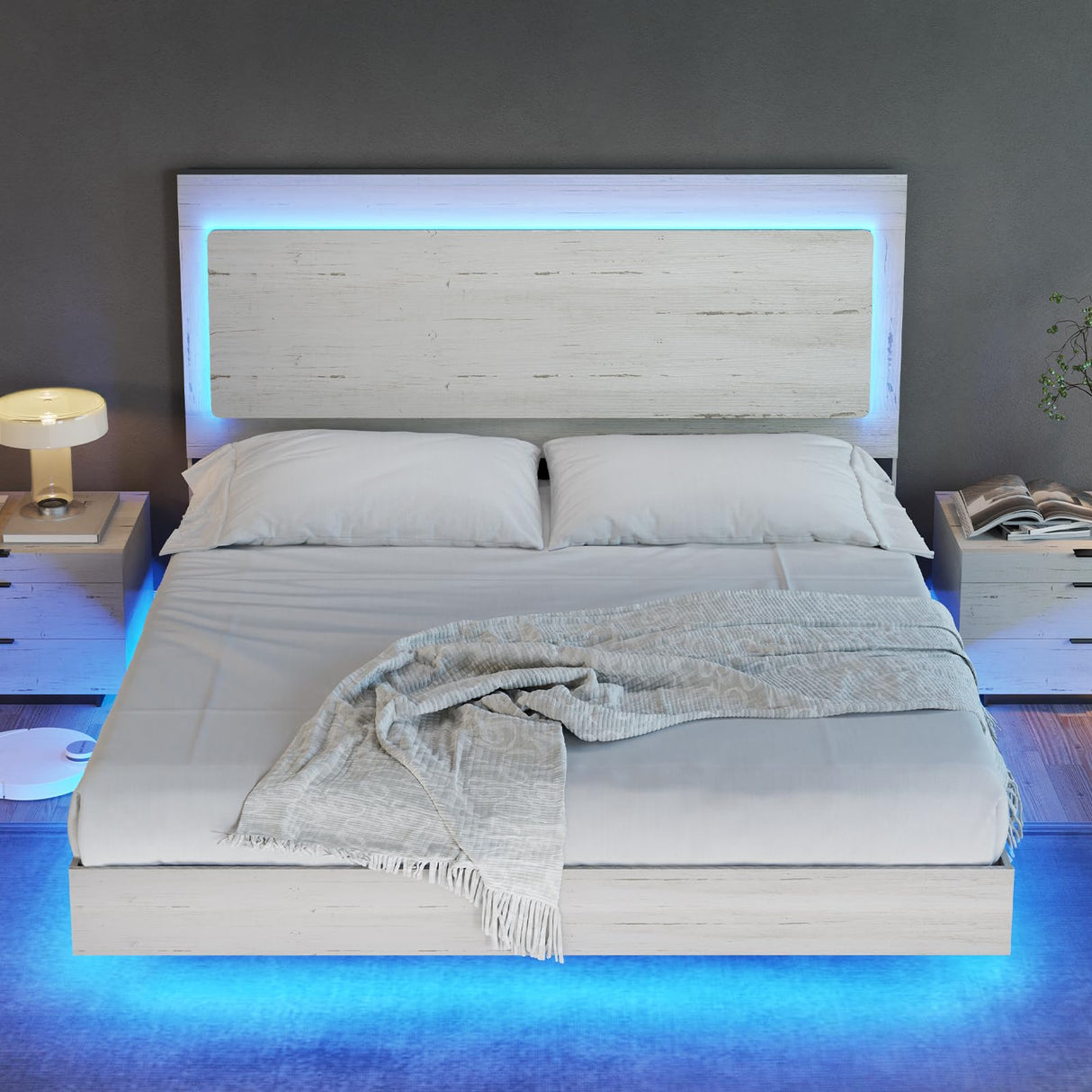 AMERLIFE Distressed White Queen Bed Frame with Floating Design, Reclining Headboard, and Versatile LED Lighting AMERLIFE