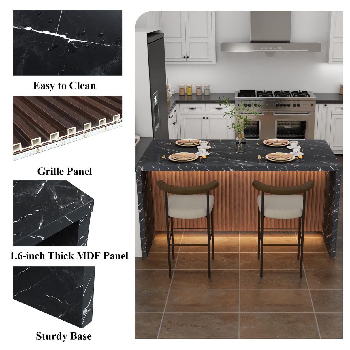 63" Large Imitation Marble Dining Table for 4-6 People, Island Table with LED Lights, Mordern Marble Stripes Kitchen Dining Table with Grille design for Dining Room, Home, Office, Living Room (Black) Gyfimoie