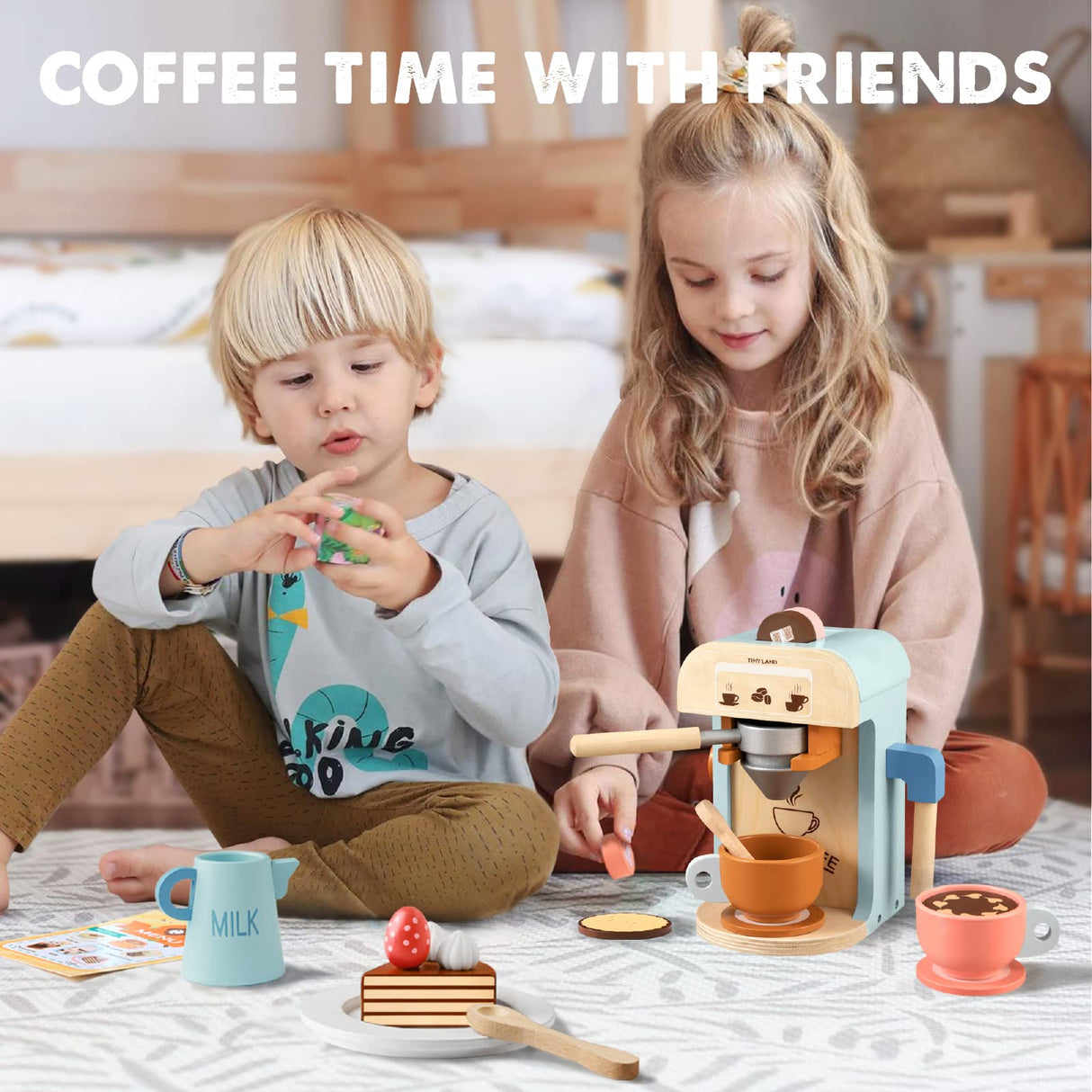 Tiny Land Kids Coffee Maker Wooden Kitchen Toys - 17Pcs Toy Coffee Maker Playset - Wooden Play Toys, Play Kitchen Accessories for Girls & Boys Tiny Land