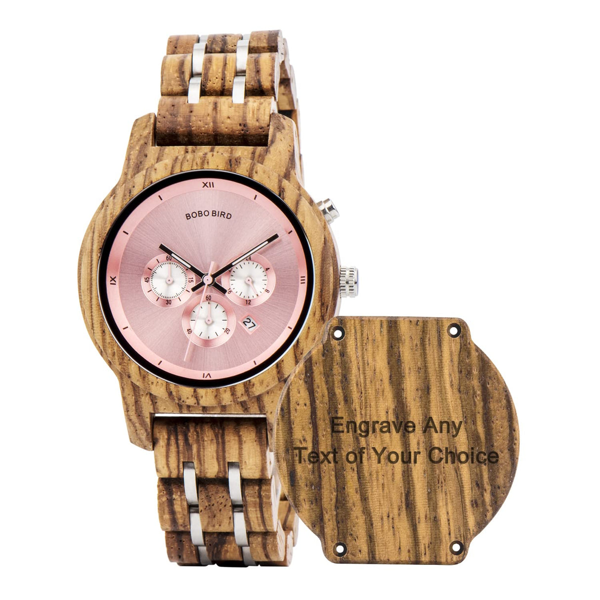 BOBO BIRD Women Wooden Watches Luxury Wood Metal Strap Chronograph & Date Display Quartz Watch Fashion Zebra Wood Casual Business Ebony Wristwatches (Custom) BOBO BIRD