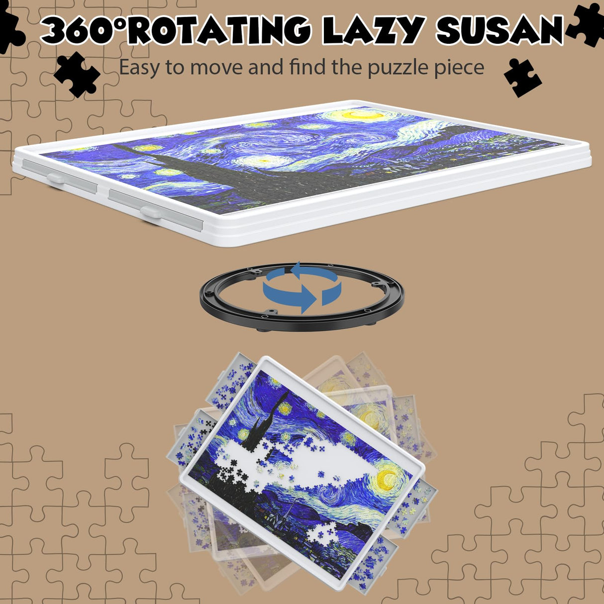 1500 Piece Rotating Puzzle Board 4 Drawers and Cover, 35"x28" Double Sided Felt Mat Portable Jigsaw Puzzle Table with Lazy Susan Spinning for Adults and Kids Kroyedfuw