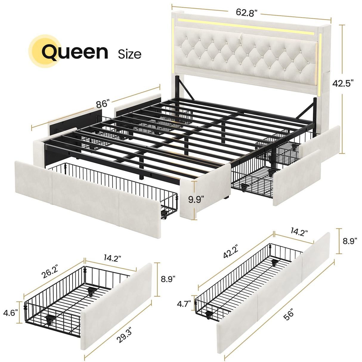BTHFST Upholstered LED Bed Frame Queen Size with 5 Storage Drawers, Hidden Storage Headboard with Charging Station, Velvet Button Tufted Headboard Platform Bed, Beige BTHFST