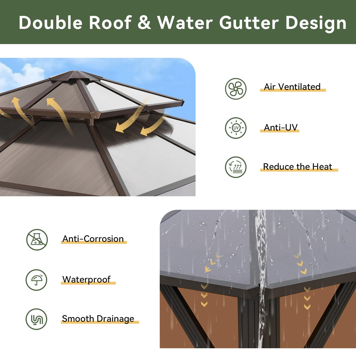 Aoxun 8'x8' Hardtop Gazebo, Aluminum Frame Permanent Pavilion with Curtains and Netting, Outdoor Polycarbonate Double Roof Canopy, Designed for Garden, Lawns, Patio, Brown Aoxun