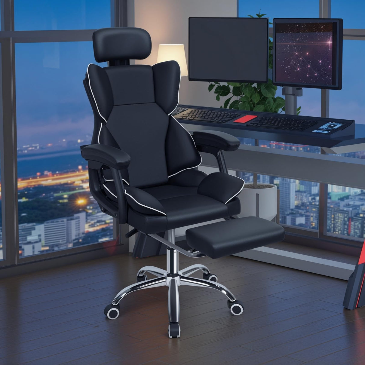 pofluany Gaming Chair Ergonomic Office Chair Home Office Desk Chairs with Footrest High Back Video Game Chair Reclining Computer Chair with Lumbar Support (Black) pofluany