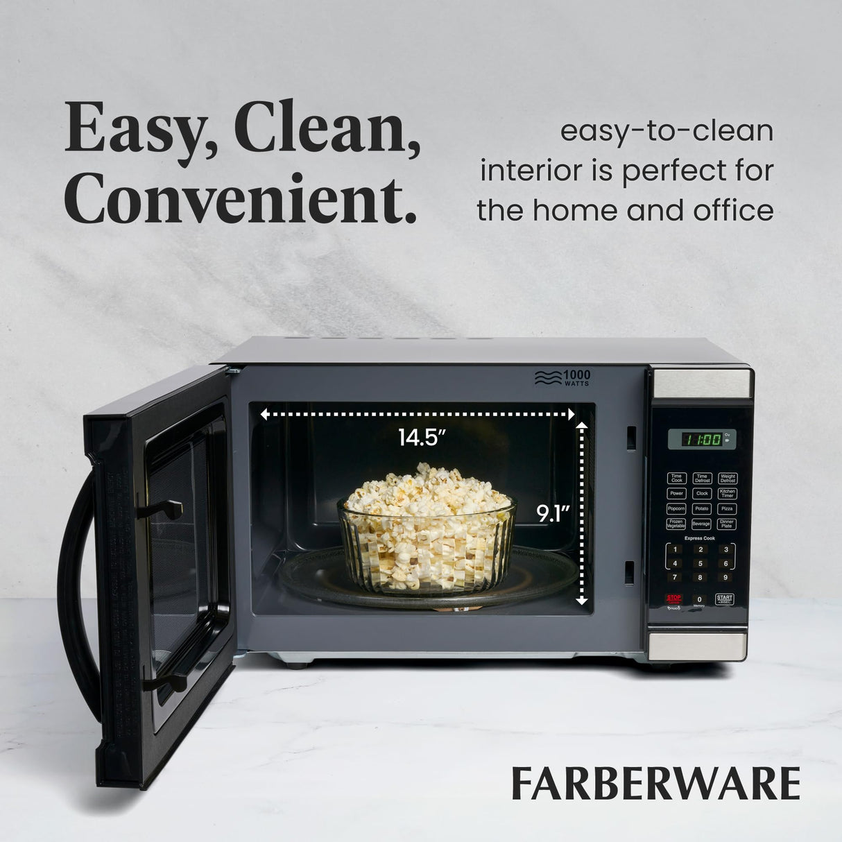 Farberware Countertop Microwave 1000 Watts, 1.1 Cu. Ft. - Microwave Oven With LED Lighting and Child Lock - Perfect for Apartments and Dorms - Easy Clean Stainless Steel Farberware