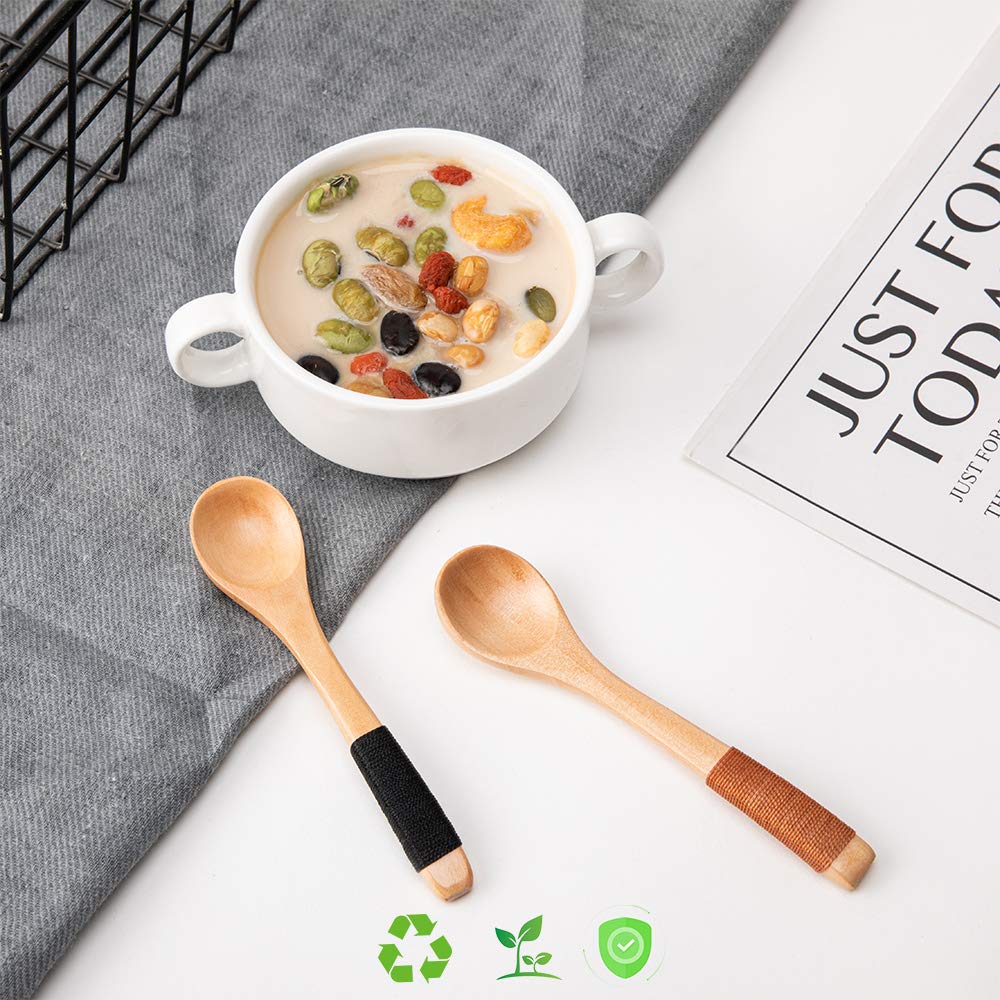 sansheng 4 Pcs Mini Wooden Spoons, Wood Soup Spoons For Eating Mixing Stirring Cooking, Handle Spoon With Japanese Style Kitchen Utensil, With Tied Line On Handle(13cm) sansheng