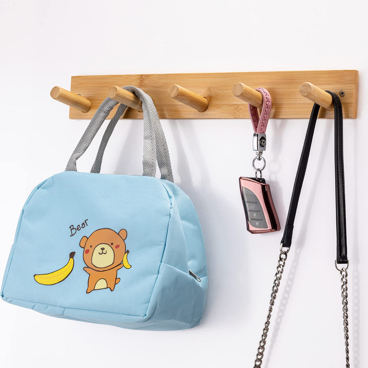 Fujinzhu Wall Mounted Coat Rack, 5-Pegs Bamboo Entryway Hat Rack for Wall, Hooks for Hanging Coats and Jackets, Bathroom Kitchen Towel Rack Wall Hangers for Clothes Towel Hats Jackets Fujinzhu