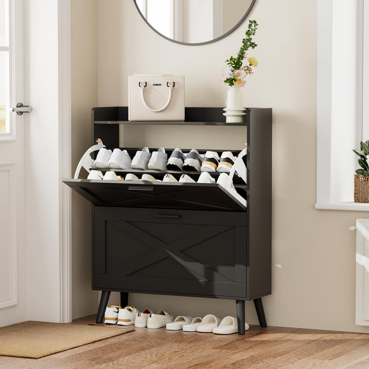 Homleke 32" W Farmhouse Shoe Storage Cabinet with 2 Flip Drawers and Barn Door Design, Adjustable Shelves, Modern Hidden Slim Narrow Shoe Rack Cabinet for Entryway, Foyer, Hallway, Living Room, Black Homleke