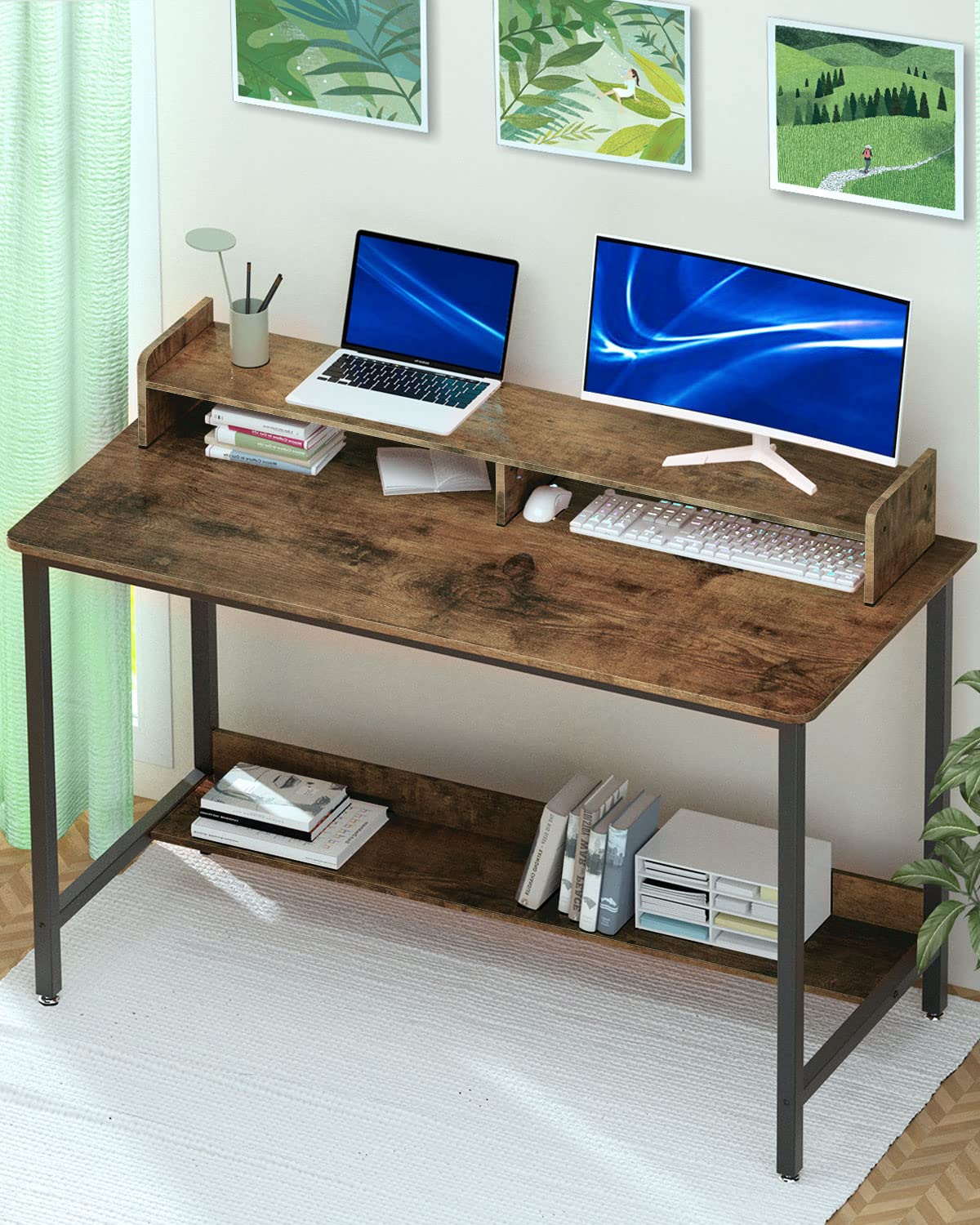 WOODYNLUX 43 Inch Rustic Computer Desk with Shelves for Home Office and Gaming WOODYNLUX