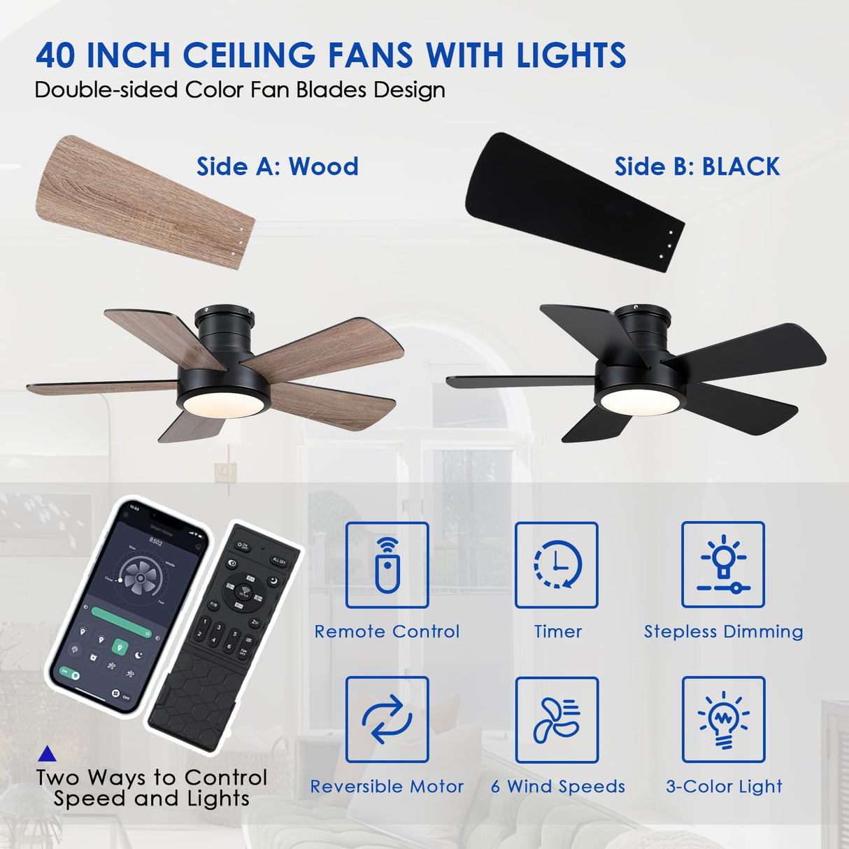 Ceiling Fans with Lights,Modern Low Profile Ceiling Fan with Remote Control,5 Dual-Sided Blades,Reversible DC Motor,40" Black Small Flush Mount Ceiling Fan for Bedroom Indoor/Outdoor Use Hounberi