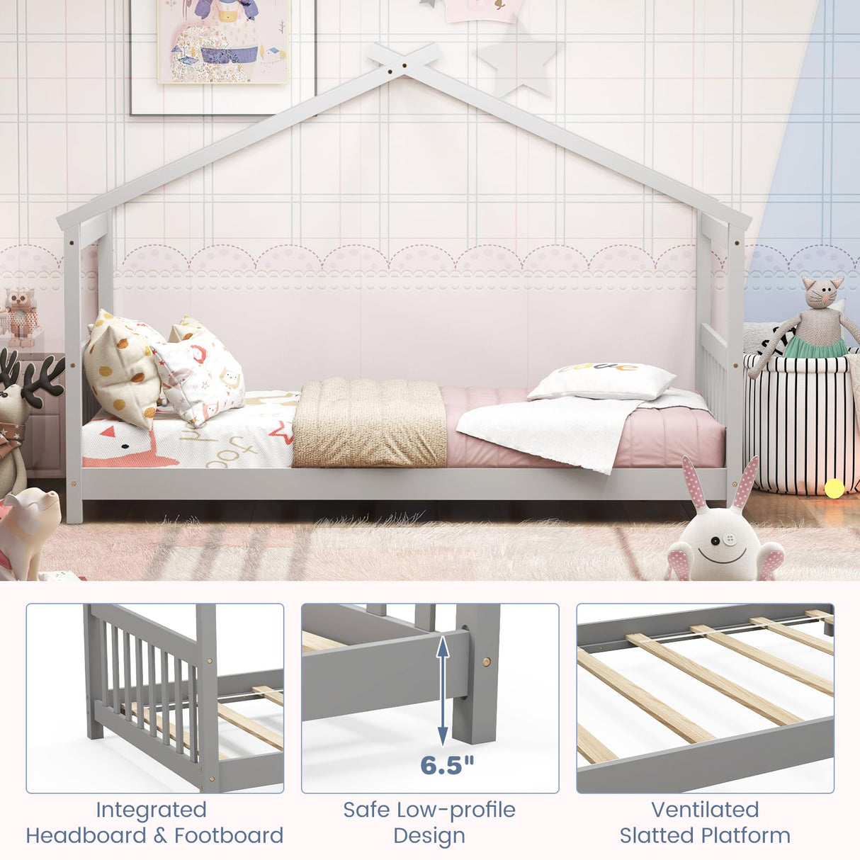 KOMFOTT Grey Twin House Bed Frame for Kids - Low Profile Montessori Tent Bed with Roof & Safety Design KOMFOTT