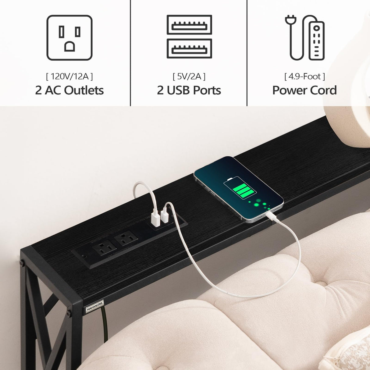 MAHANCRIS Sofa Table with Charging Station, 39.4” Console Table, Narrow Entryway Table, Slim Hallway Table, Retro Couch Table, for Entrance, Foyer, Living Room, Hallway, Black CTHB151E01 MAHANCRIS