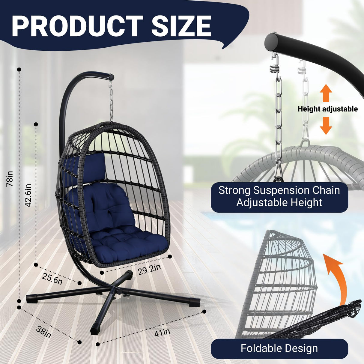 LEVELEVE Egg Chair with Stand,Patio Rattan Wicker Hanging Swing Egg Chair Hammock Chair for Porch Garden,Thickened Aluminum Alloy Steel Frame and UV Resistant Cushion,350LBS Capacity(Dark Blue) LEVELEVE