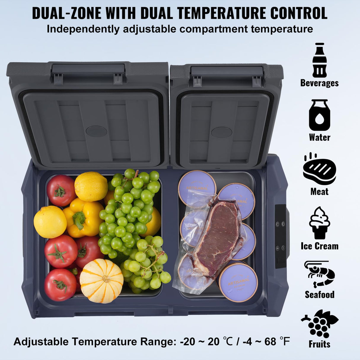 VEVOR NLS45, 12 Volt Car Refrigerator Fridge, 32 L Dual Zone Portable Freezer, -4℉-68℉ Adjustable Range, 12/24V DC and 100-240V AC Compressor Cooler for Outdoor, Camping, RV, Bule and grey VEVOR