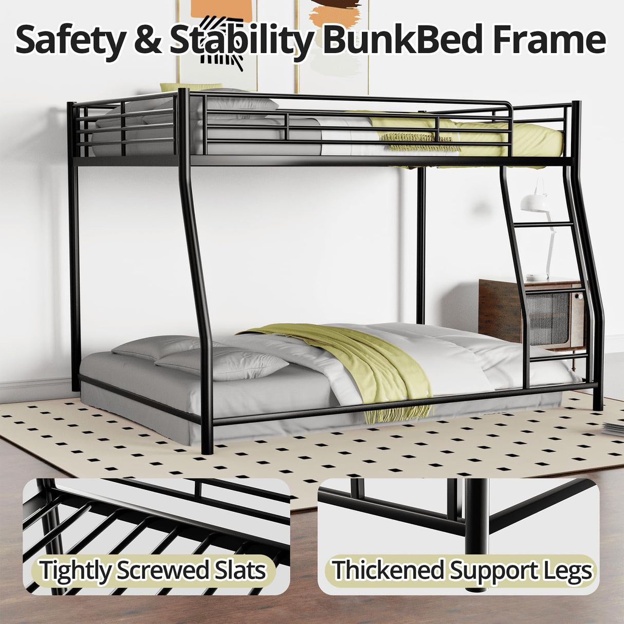 TURRIDU Full XL Over Queen Bunk Bed, Heavy Duty Metal Bunk Bed Frame with Full-Length Guardrails & Ladders, Bedroom Bunk Bed for Teens, Adults, Noise Free, Black TURRIDU