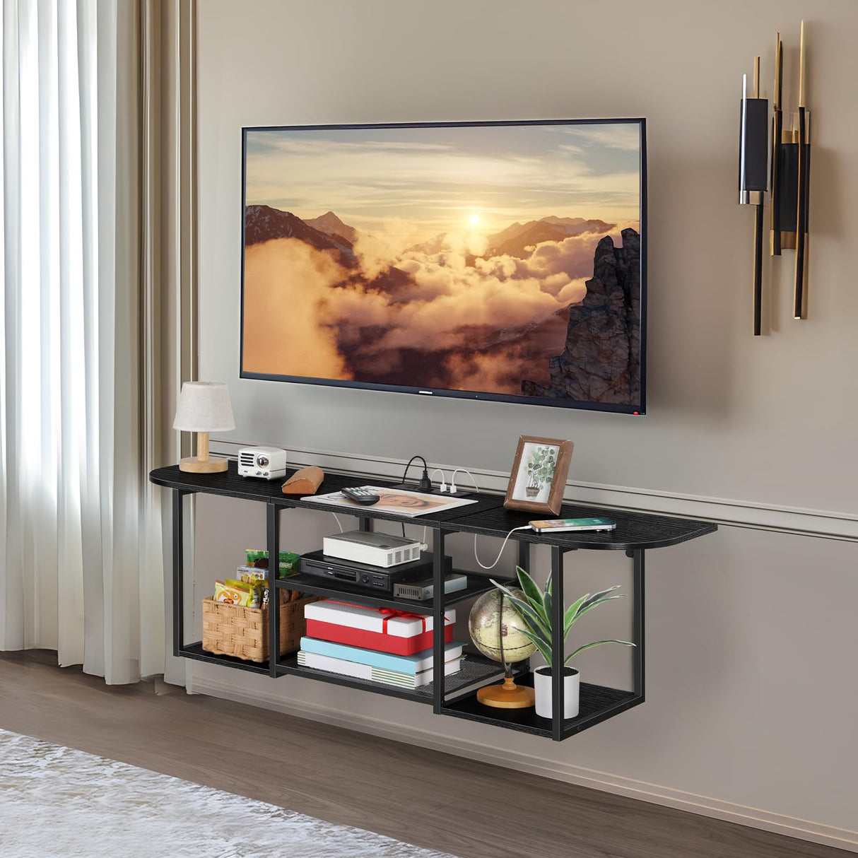 ETELI Floating TV Stand with Power Outlet Wall Mounted Under TV Shelf with Storage Floating Entertainment Center Media Console Table for Living Room Bedroom Office, Black ETELI