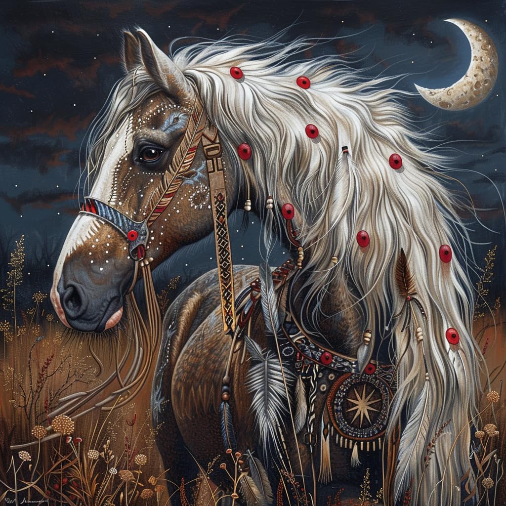 American Native Indian War Horse Moon 5D Diamond Art Painting by Number Kits for Adults DIY Paint with Full Drill Round Diamond Gems Painting Art Craft for Home Wall Decor 13.8x13.8in Generic