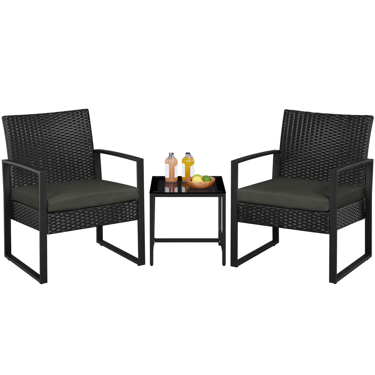 Yaheetech 3 Pieces Rattan Bistro Set, Indoor/Outdoor Wicker Patio Modern Conversation Furniture, 2 Chairs & Tempered Glass Coffee Table for Garden, Balcony, Backyard, Poolside, Black/Gray Yaheetech