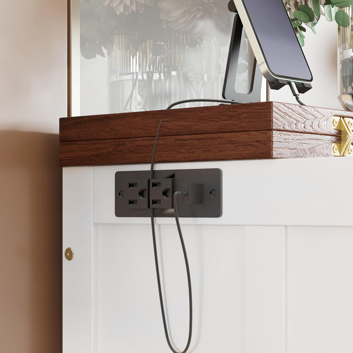 Queen Size Murphy Bed Cabinet, Murphy Bed Cabinet with Storage Drawer and Charging Station, USB Port, Solid Pine Wood Murphy Bedframe for Home Office Studio Guest Room, White Walnut RuiSiSi