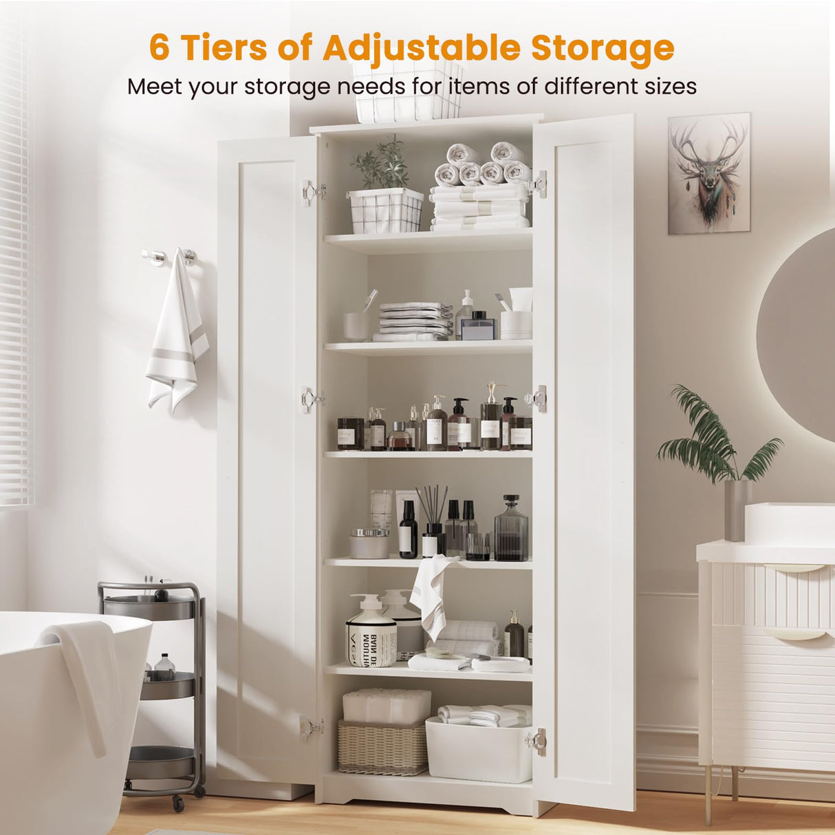 Teekyooly 70" Tall Storage Pantry Cabinet, Bathroom Floor Organizer Storage Cabinet with 2 Doors and 6 Adjustable Shelves, Standing Utility Cabinet for Dining Room, Food Storage and Kitchen, White Teekyooly