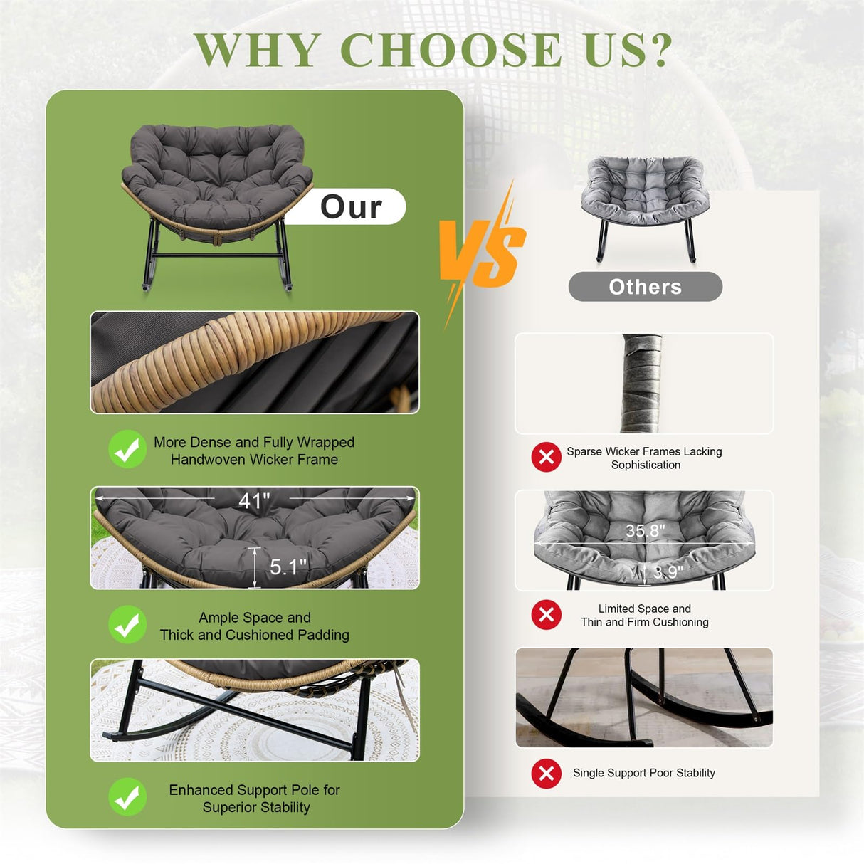 FINCATI Indoor Outdoor Papasan Rocking Chairs,Modern Large Reading Lounge Chair with Cushion,Rattan Royal Egg Chair for Bedroom Living Room Porch Garden(Dark Gray) FINCATI