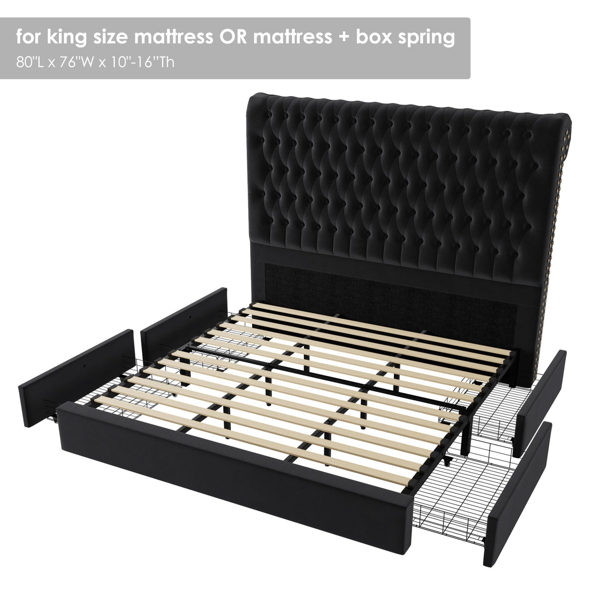 King Size Bed Frame 55" Tall Headboard with Gorgeous Button Tufted and Nail, Velvet Fabric Upholstered Bed Frame includes 4 Under-bed Storage Drawers, Wooden Slats, Noise-Free, Easy Assembly, Black Keyluv