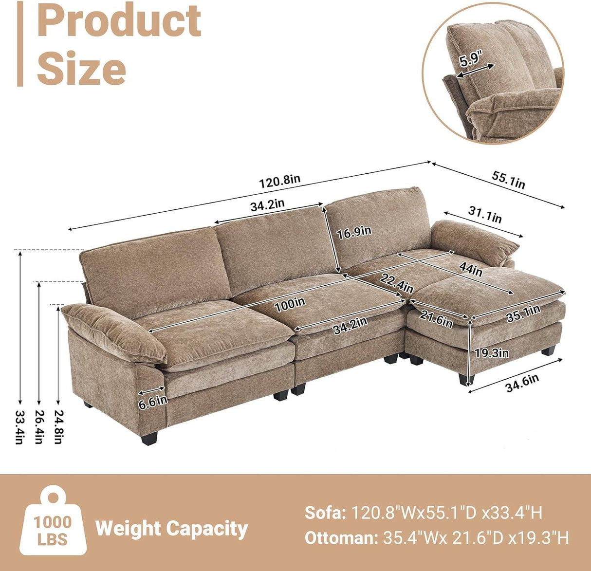 VINGLI Convertible Modular Sectional Sofa with Deep Seat & Movable 2-Layer Ottoman, L-shape Cloud Sofa with Chaise &Armrests, Oversized 3-Seater Couch for Living Room & Apartment, Chenille,Light-Brown VINGLI