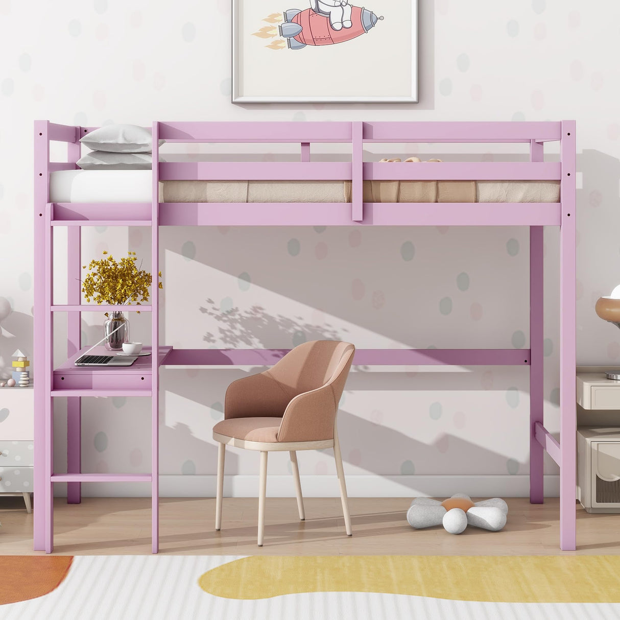 Bellemave Twin Loft Bed with Desk,Loft Bed for Kids, Boys, Girls,Wooden Loft Bed Frame,Built in Desk and Ladder, Pink(Rubber Wood) Bellemave
